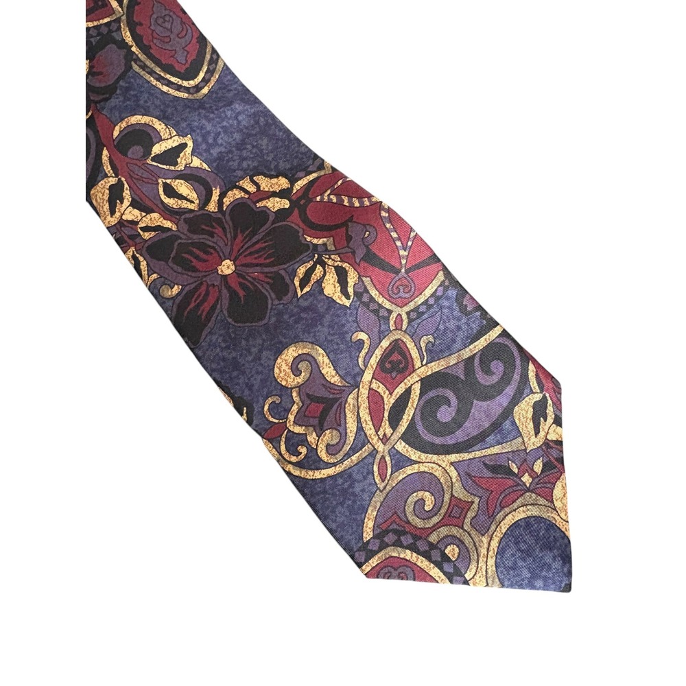 Vintage IZOD 100% Silk Tie Floral Baroque Navy Purple Burgundy Gold USA